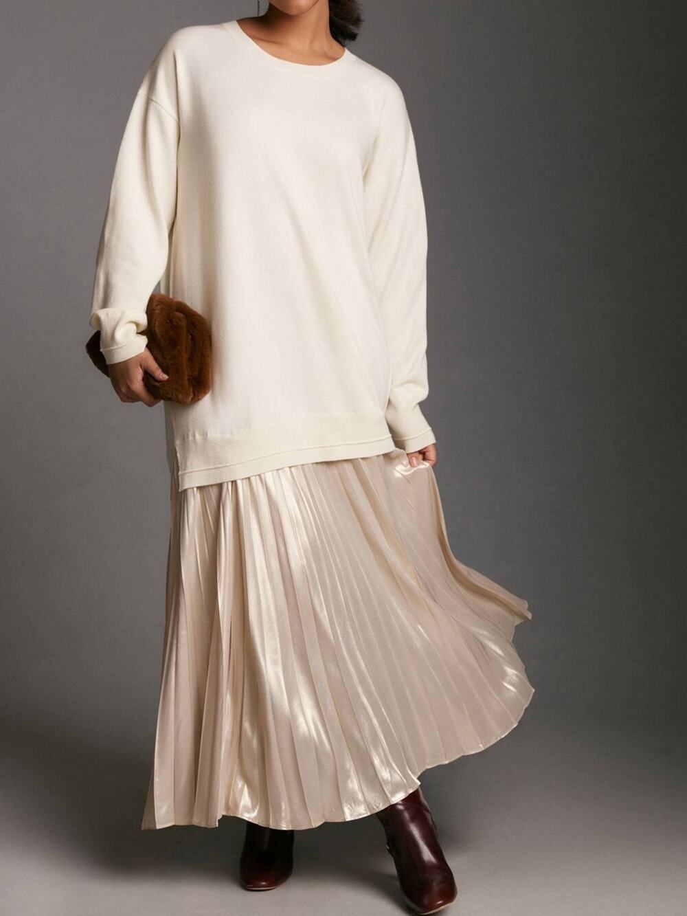Anthropologie Women’s The Twofer Long Sleeve White Cream Pleated Sweater Dress